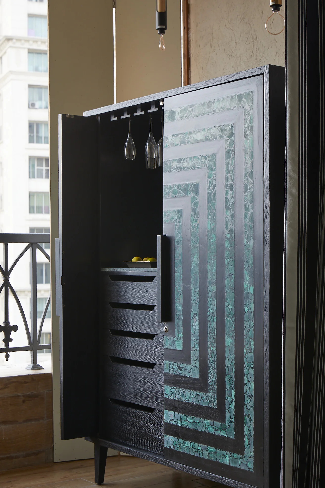 Malachite Bar Cabinet in wood and marble